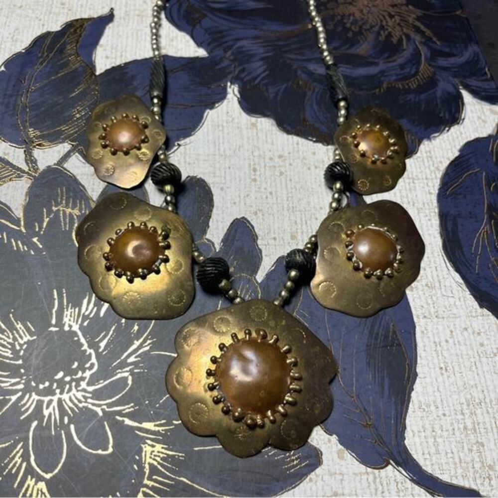 Vintage HUGE 1960s Floral Brass Copper Silver and Black Beaded Necklace D1